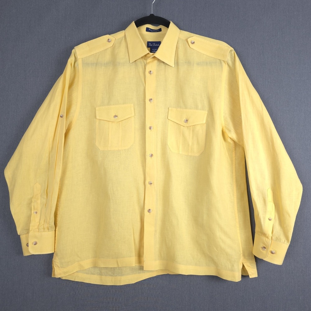 Paul Fredrick Linen Shirt Men Large Yellow Long Roll Tab Sleeves Epaulets Safari
